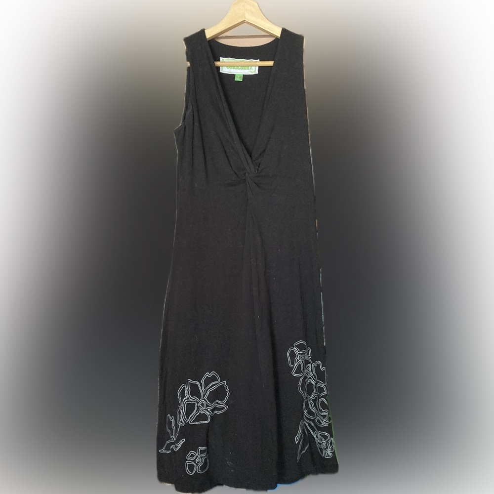 Cariloha Bamboo & Organic Cotton Midi Black Dress with White Flower Design